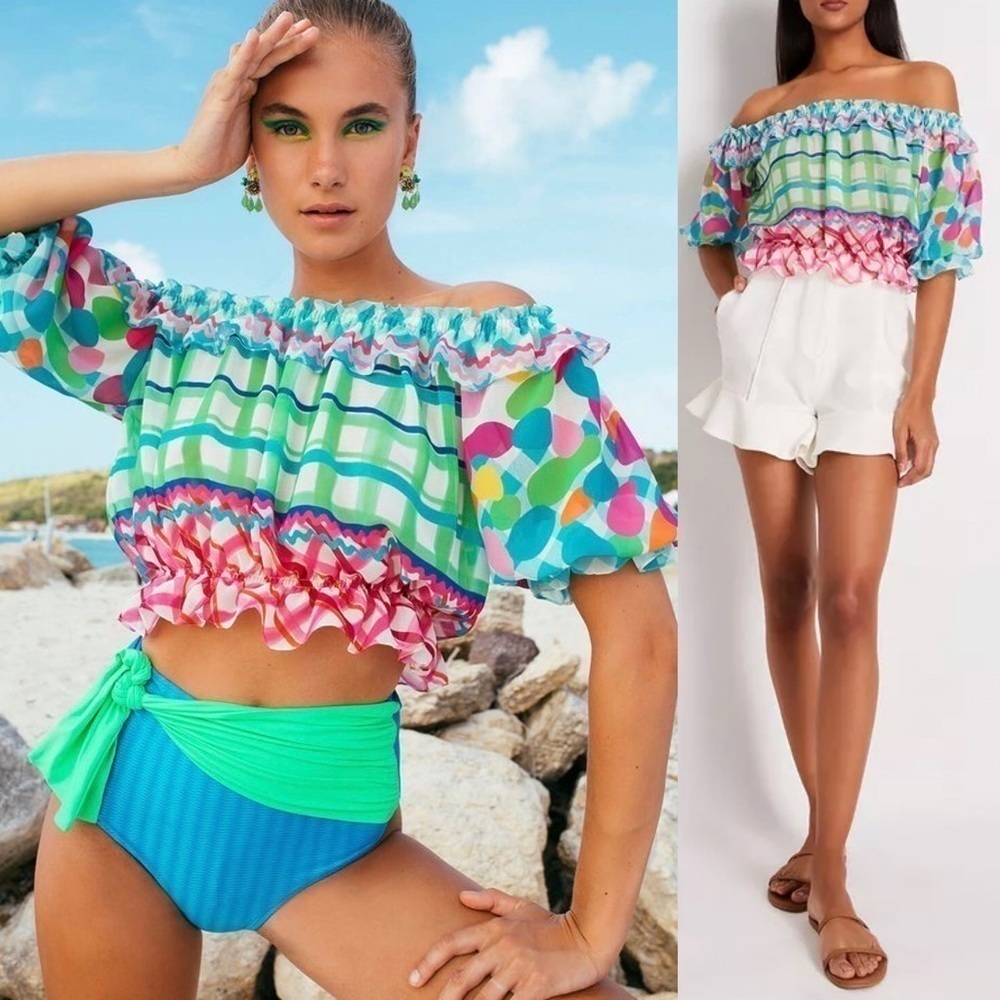 PatBO Antibes Off-the-Shoulder Smocked Crop Top - NWT - Size Small